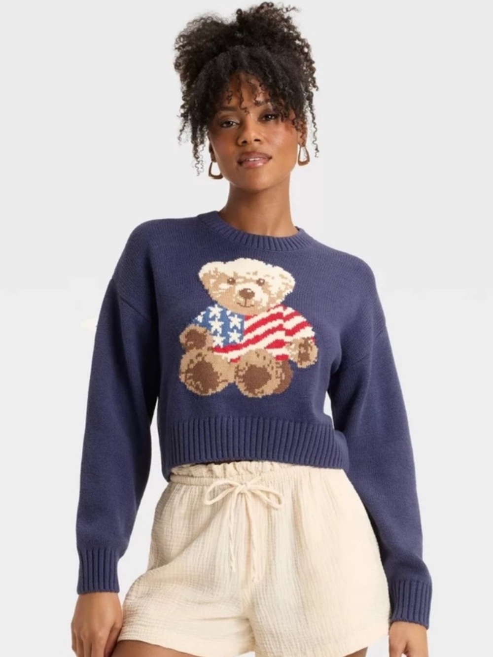 Grayson Threads Navy Teddy Bear Flag Knit Sweater